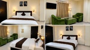 a hotel room with two beds and a green chair at The Royal Lavender in Rānchī
