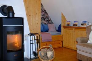a living room with a fireplace and a couch at Judies Garten in Füsing