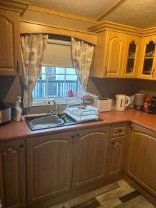 a kitchen with wooden cabinets and a sink and a window at Nickys happy place in Greencastle