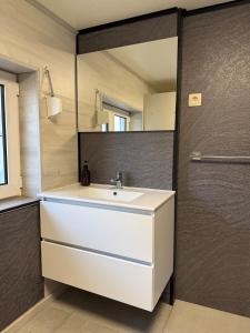 a bathroom with a sink and a mirror at Petite maison village fruitier in Gingelom