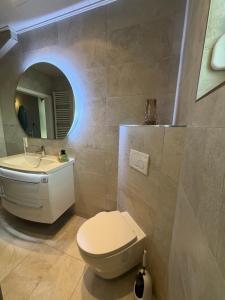 a bathroom with a toilet and a sink and a mirror at FeWo Bispingen in Bispingen +62 photos