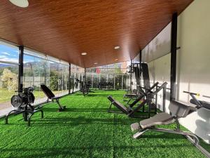 an indoor gym with green grass and tread machines at Mansión Altamirano - Hotel in Talavera