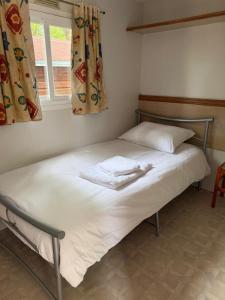 a bed in a room with a window at Sid's mobile home - Camping Riba Roja in Riba-roja d'Ebre