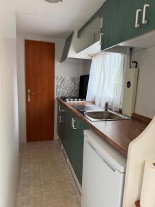 a small kitchen with green cabinets and a sink at Sid's mobile home - Camping Riba Roja in Riba-roja d'Ebre