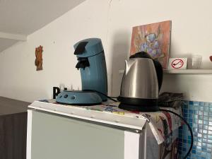 a blender sitting on top of a stove at Chalet des oliviers 10mn CV Béziers dans propriété bien pour cyclistes in Béziers