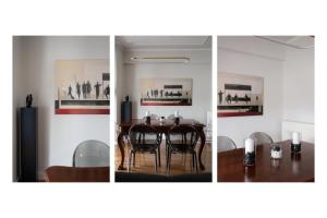 four pictures of a dining room table and chairs at Oly modern apartment in Katerini +16 photos