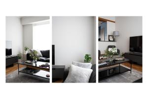 three pictures of a living room with a couch and a table at Oly modern apartment in Katerini