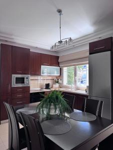 a kitchen with a table with chairs and a refrigerator at Armonia Maisonette in Pefkochori +8 photos