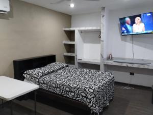a room with a bed and a tv on the wall at Casa Rota in Mérida