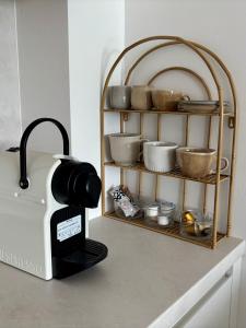 a toaster sitting on a counter next to a shelf with bowls at Bluewave boho apartment Slnava in Banka