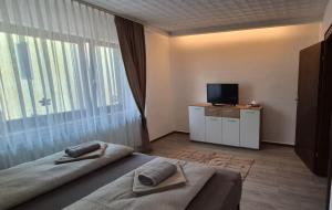 a bedroom with a bed and a television in it at Ferienwohnung Alex in Nidderau