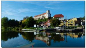 a town on a hill next to a river at Ferienwohnung Petersbrunnen in Zaschwitz +11 photos