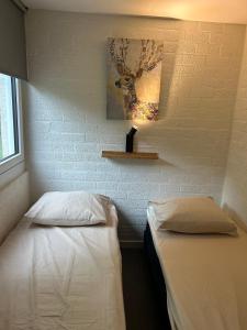 two beds in a room with a wall at Cosy 26 - Zuid-Limburg in Simpelveld