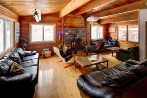 a living room with leather furniture and a fireplace at HI Kananaskis Wilderness - Hostel in Kananaskis Village