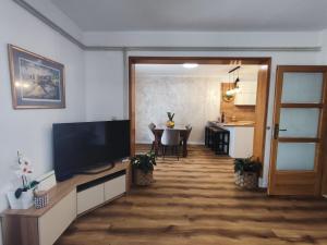 a living room with a flat screen tv and a kitchen at Apartments Šiljug in Cavtat