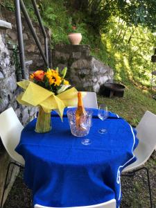a table with a blue table cloth and flowers on it at Milly Lake in Claino