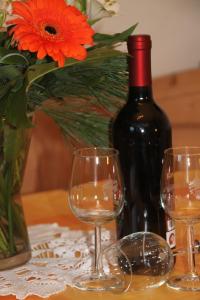 カステルロットにあるプラニツフォフのワイン1本とワイングラス2杯(テーブル上)