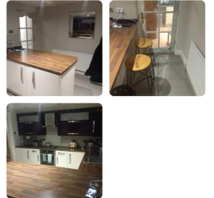 three pictures of a kitchen and a counter top at Divis street guest house in Belfast