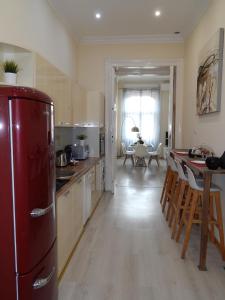 a kitchen with a refrigerator and a table with chairs at BudapestEasyFlat Basilica Lux in Budapest +11 photos