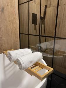 a towel rack on the side of a bath tub at Soho Apartment Fial in Bacău