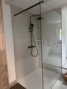 a shower with a glass door in a bathroom at Fichtennest in Sundern +4 photos