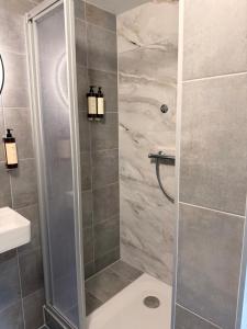a bathroom with a shower with a toilet and a sink at Fata Morgana in Cochem +23 photos