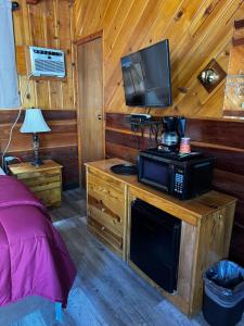 a bedroom with a microwave and a television on a wooden cabinet at Toiyabe Motel in Walker