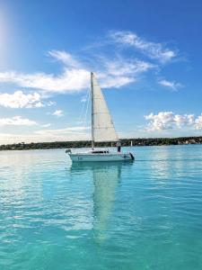 ein Segelboot, das auf einem großen Gewässer schwimmt in der Unterkunft Casa Momo Bacalar in Bacalar