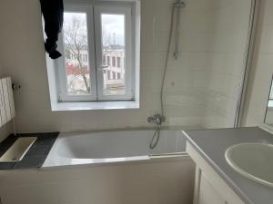 a bathroom with a tub and a sink and a window at Cosy uccle chic flat in Brussels