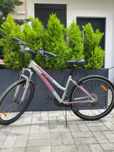 a bike parked against a wall in front of bushes at Riara Home in Vlorë