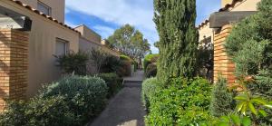 a path between two buildings with trees and bushes at L eden Maison en Camargue in Salin-de-Giraud