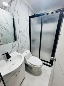 a bathroom with a toilet and a sink and a shower at Cabañas Vista Mar in Los Vilos