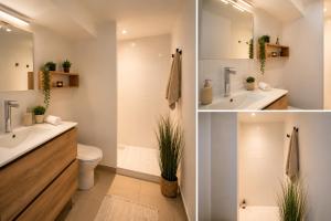 two pictures of a bathroom with a sink and a toilet at Appartement T2 à la Campagne 10 min de Rennes in Corps-Nuds