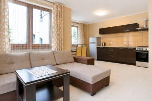 a living room with a couch and a table at Apartamenty Pod Izbicą in Karpacz