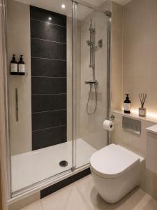 a bathroom with a shower and a white toilet at Parkway House in Chelmsford +19 photos