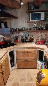 a kitchen with a sink and a counter top at Un gîte paisible et frais, piscine à 3 mins in Le Monteil