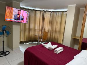 a bedroom with a bed with a tv on the wall at HOTEL SANTA BARBARA PUERTO ilo in Ilo