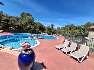 a large blue vase with flowers and chairs next to a pool at Chalet climatisé 6 personnes in Agde