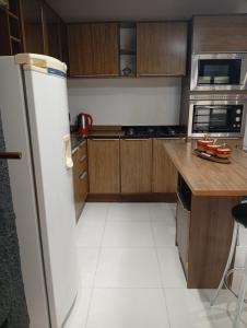 a kitchen with wooden cabinets and a refrigerator at Casa completa em Bagé ideal para familias ate 6 pessoas WiFi e excelente localização in Bagé +9 photos