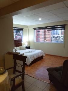 a bedroom with a large bed and two windows at Precioso monoambiente de lujo in La Paz