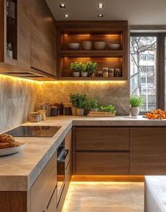 a kitchen with wooden cabinets and a counter top at Elia Serenity House in Anarita