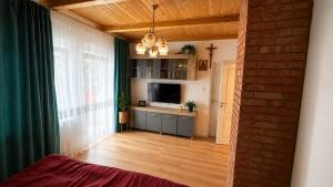 a living room with a television and green curtains at Cabanele Infinyti in Colibiţa