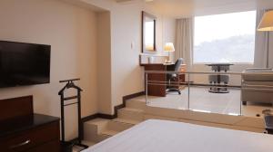 a hotel room with a waiting area with a television at Hotel Fortin Plaza in Oaxaca City