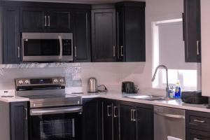 a kitchen with black cabinets and stainless steel appliances at Modern Private 2-Bedroom Styld, Spacious & Comfy-Modern New 2-Bedroom Stylish, Spacious, Comfy & Nicely Furnished - Full Privacy in St. John's