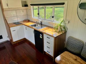 a kitchen in a tiny house with a sink at Bee Farm Off-Grid Tiny Home Stay in Tamaree