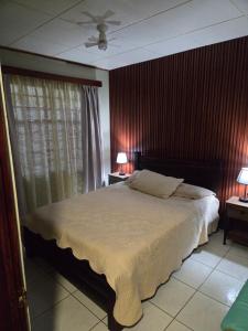 a bedroom with a large bed and two tables with lamps at Sergio's House in Cartago