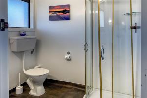 a bathroom with a toilet and a glass shower at Recreation Hotel in Greymouth +19 photos