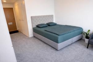 a bedroom with a bed with blue pillows on it at Nord Heaven in Turku
