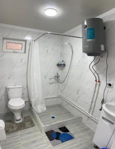 a bathroom with a shower and a toilet and a sink at Aina guesthouse in Kyzyloy