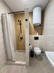 a bathroom with a shower and a toilet and a sink at Polyana Park House aparts in Polyana +63 photos